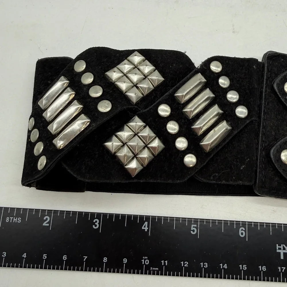 Le Chateau Black Studded Elastic Cinch Belt Double Buckle M Y2K goth moto biker‎